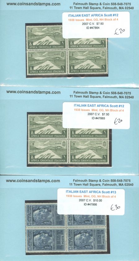 ITALIAN EAST AFRICA  1938. Sassone #4 13 Blocks of 4 in different qty 