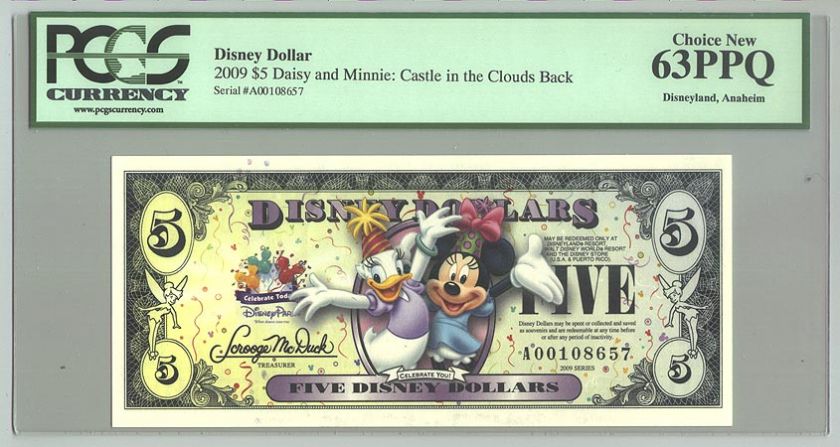 2009 A $5 MINNIE MOUSE & DAISY DUCK Disney Dollar PCGS 63 PPQ CHOICE 