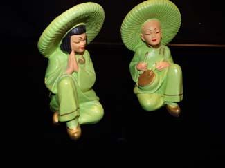   Pair Green Oriental Asian Sitting Man Woman ART Figurines  