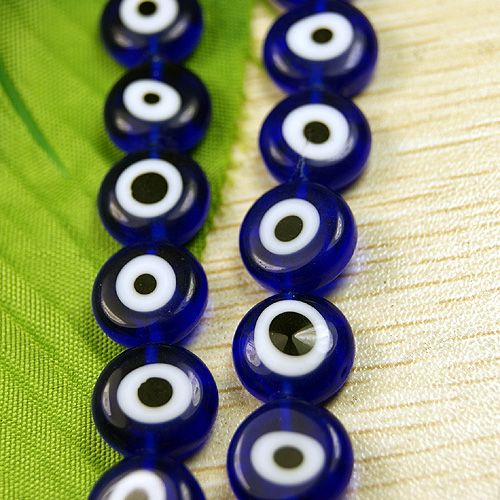 12mm Lampwork Evil Eye Glass Dark Blue Flat Round Beads  