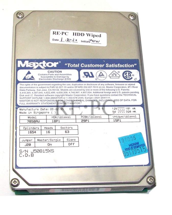 Vintage Maxtor 7850AV 850 MB 3.5 IDE Hard Drive  