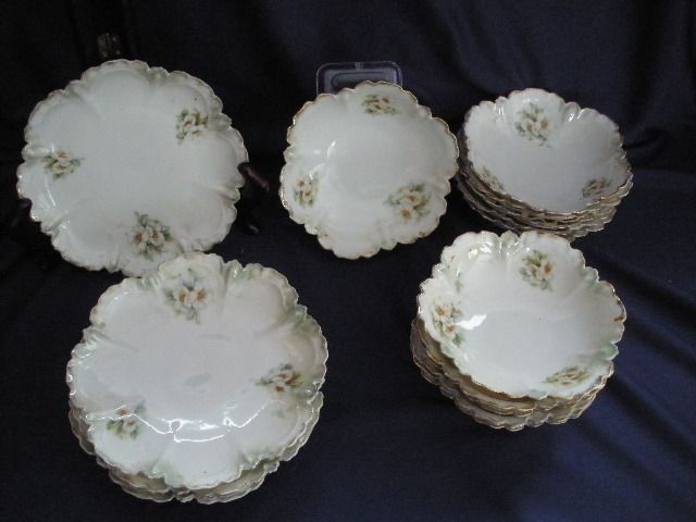 Antique Limoge Ice Cream Set White Flowers w/Green&Gilt  