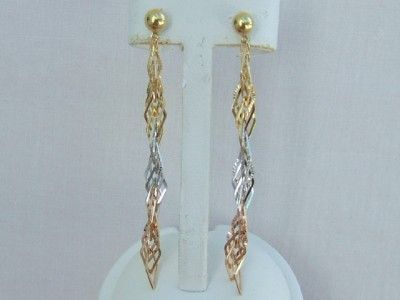 18k.Solid Gold Tri Color Stiletto Twisted Earrings, New  