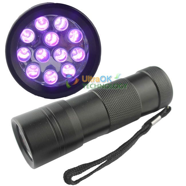 12 LED UV Ultra Violet Lamp Torch Flashlight for Camping Black