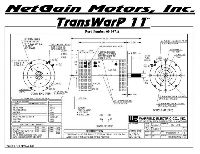 TransWarP 11, 43.7 Max HP, DC, Electric Motor, 72 Volt, 135 ft lbs, EV 