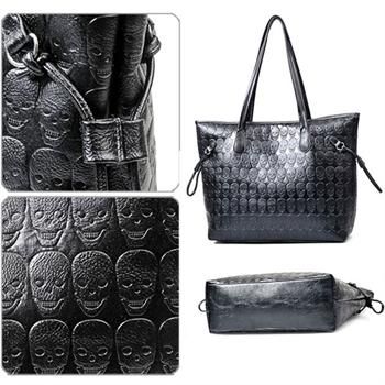 Fashion Womans Black PU Leather Handbag Tote Skull Printings Shoulder 