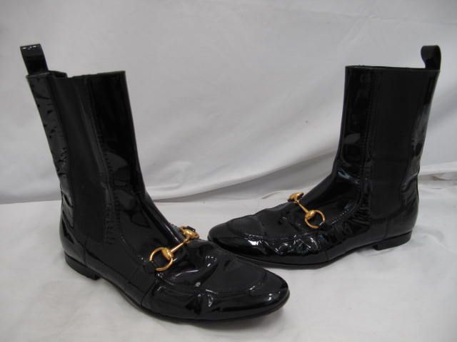 Gucci Black Patent Leather Elastic Side Flat Boots W/Gold Hardware 8.5 