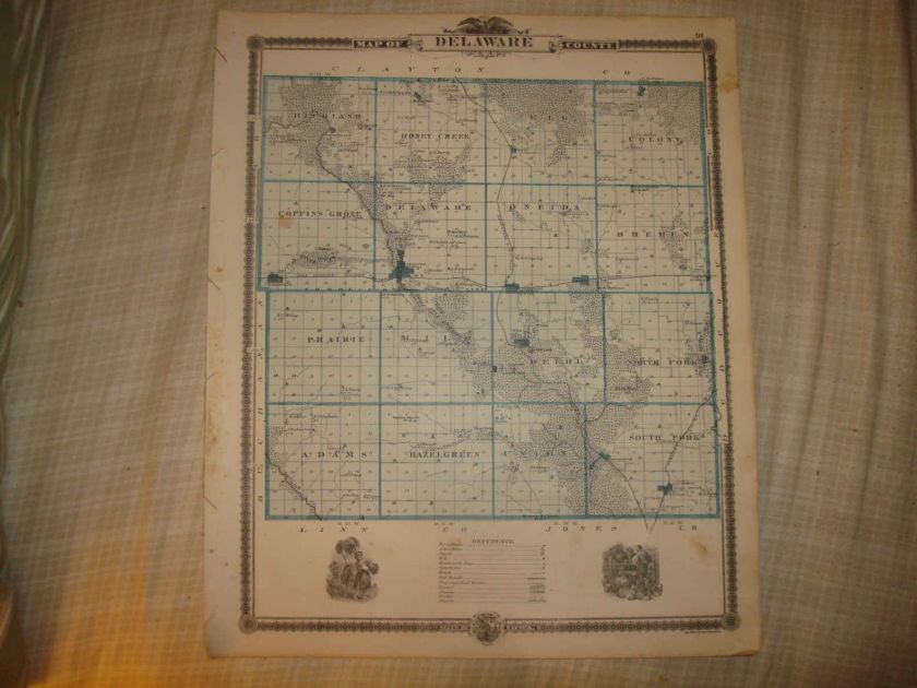 ANTIQUE DELAWARE COUNTY MANCHESTER ANAMONSA IOWA MAP NR  