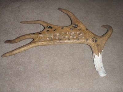 CRIBBAGE GAME BOARD MOOSE ANTLER EAGLE HEAD CARVING, BEAR. DEER. WOLF 