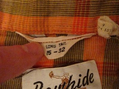 Vtg Rawhide Mens Western Green & Peach Plaid Cowboy Rockabilly Shirt 