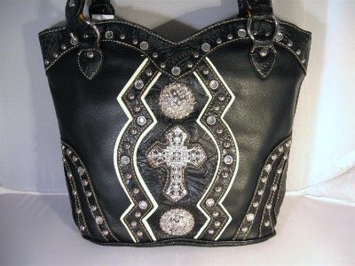 Black Tooled Rhinestone Cross Conchos Boot Top Cowgirl Handbag Purse 