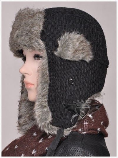 SH Gray Black Vintage Lady Fur Earflaps Hunter Trooper Hat Cap Warm 