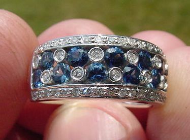 14K WHITE BLUE SAPPHIRE DIA CIGAR RING BAND BEAUTIFUL  