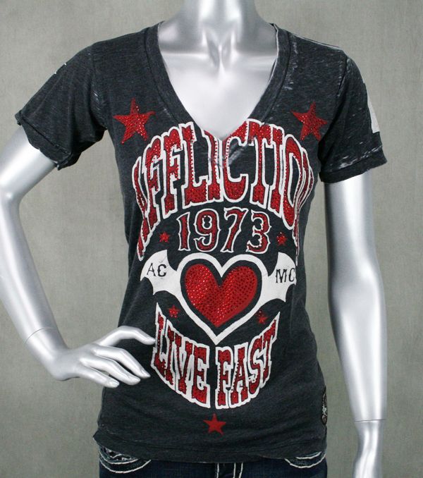 AFFLICTION womens T shirt DARK HEART baby T Black burnout Crystals 