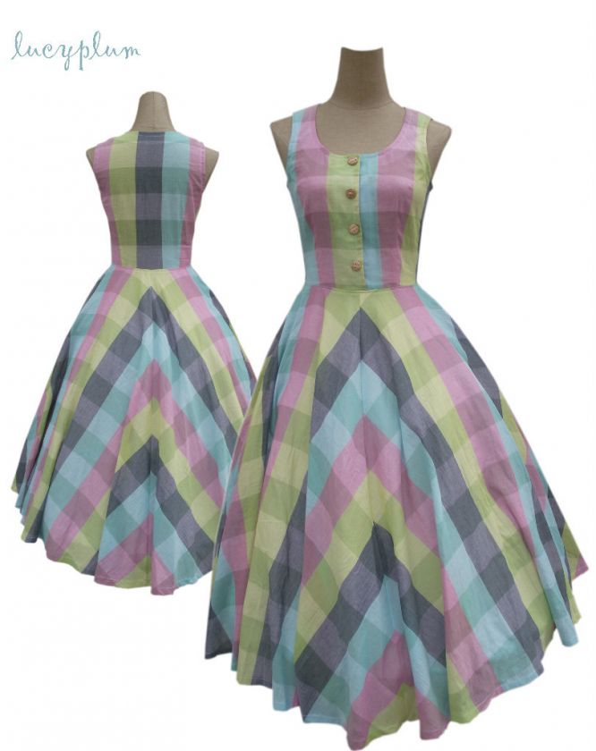   Rockabilly 50s Irregular gingham colourful pinup sun dress retro