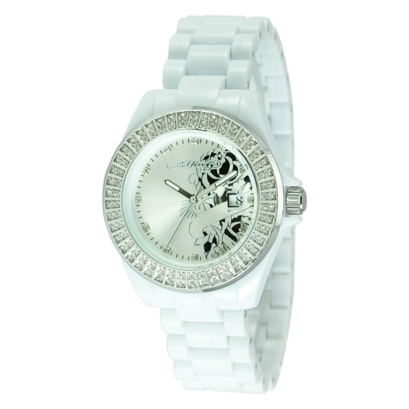 ED HARDY JOLIE WHITE ROSE ACRYLIC BAND WATCH JO RS NEW  