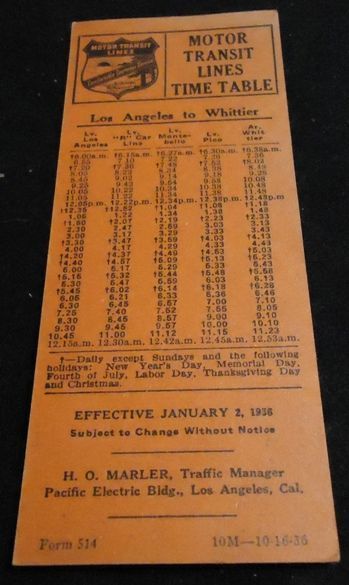 1936 Bus Timetable Schedules MOTOR TRANSIT LINES LA CA  