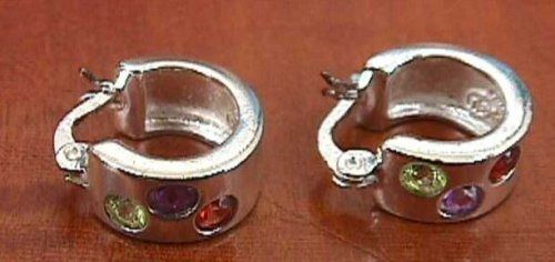 Sterling Silver 925 Multi Color Stone Hoop EARRINGS  