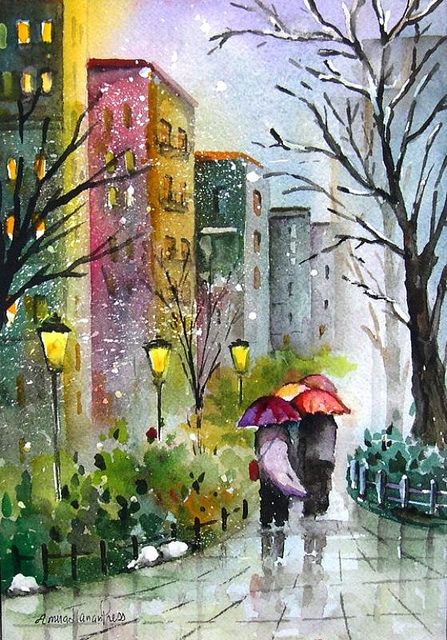 CITY FIRST SNOW  7X10 Original Watercolor by A.PRESS  