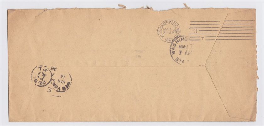 Belgium Brussels to US Washington DC 1902 Cover  