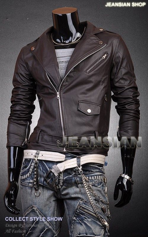 3mu Mens Designer PU Faux Leather Jackets Coats Shirt Motocycle Black 