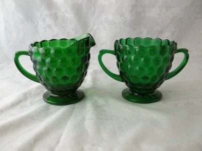   Anchor Hocking Bubble Forest Green Glass Creamer Sugar Set  