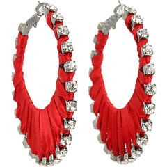   Guess Black Metal Rhinestones Red Ribbon Woven Hoop Earrings  