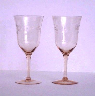 Wine Glasses Depression Pink Glass Optic Panels Floral Cuttings  