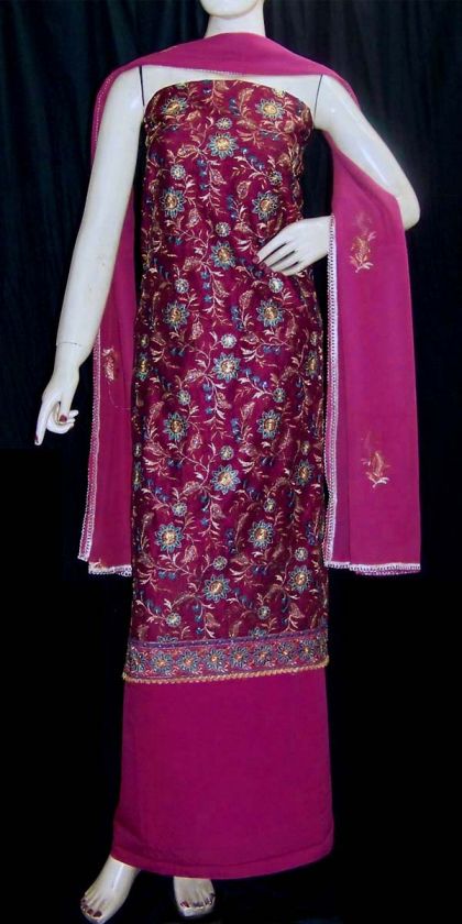 DRKVIOLETRED SEMI SILK SALWAR KAMEEZ SUIT RESHAM KUNDAN EMBR MATERIAL 