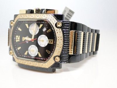 NEW AQUA MASTER JOE RODEO GOLD BLACK SQUARE FACE WHITE DIAMONDS WATCH 