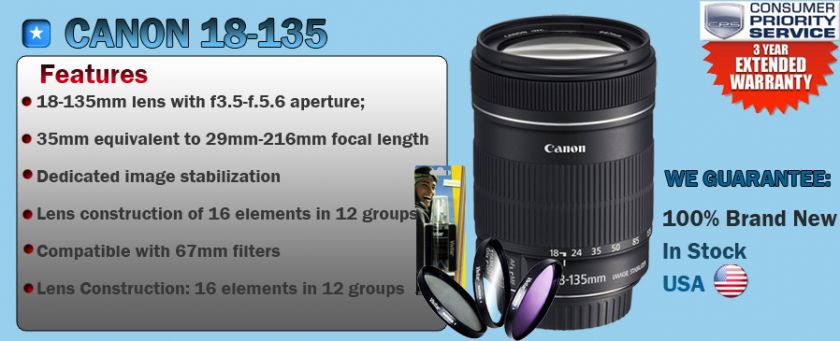 Canon EF S 18 135mm IS Lens & Filter Kit 18 135 NEW USA  