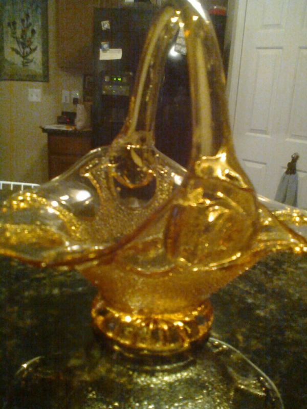 Amber Glass Basket   Nice Size  Unusual Design  