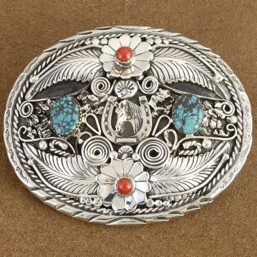 Navajo Handcrafted Sterling Turquoise Coral Belt Buckle  