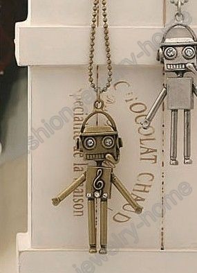 fashion antique silver bronze crystal robot necklace  