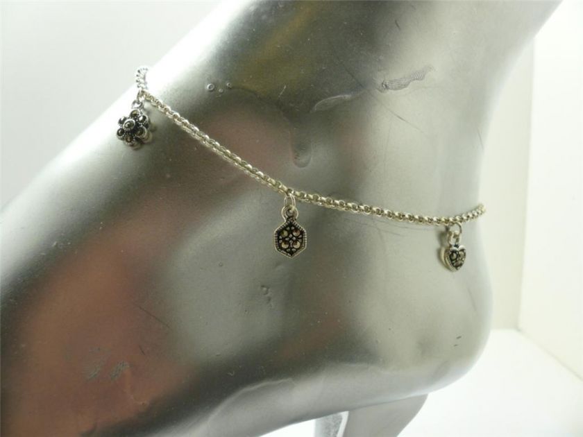 Sterling Silver Marcasite Shapes Dangle Ankle Bracelet  