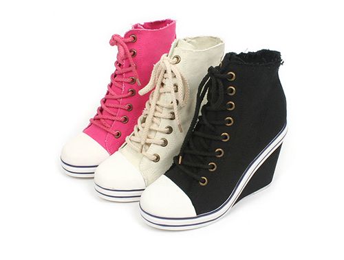 Womens sneakers canvas Lace up Wedge heel booties boots  