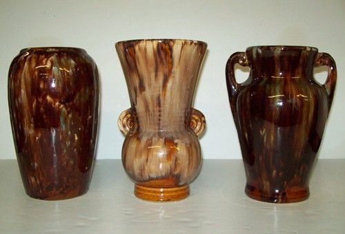 BRUSH McCoy BROWN Drip VASE Lot DOUBLE Handle  