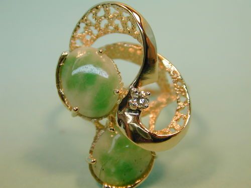 14k solid gold Diamond Green White Jade Cabochon  