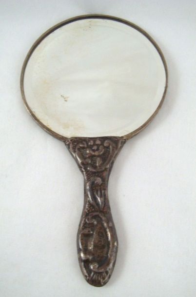 Antique 900 Silver Decorative Art Nouveau Floral Vanity Hand Mirror 