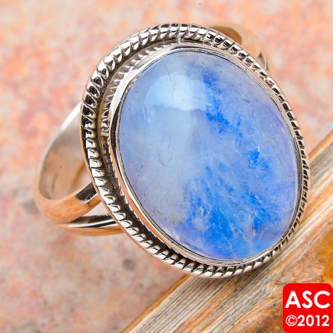 RAINBOW MOONSTONE .925 SILVER RING SIZE 7 3/4  