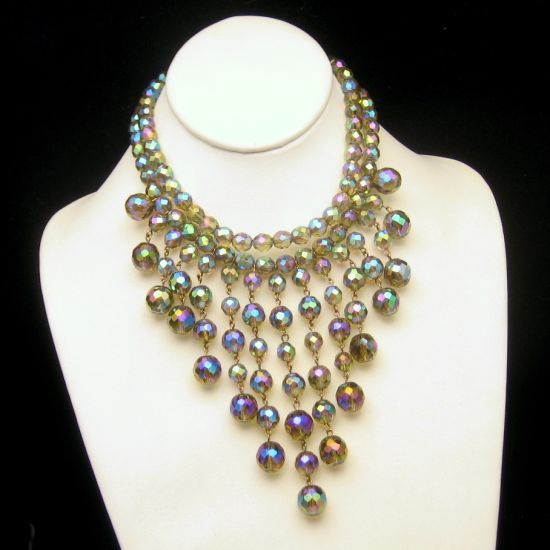   Bib Necklace 2 Strands AB Crystal Beads Brilliant Dangles  