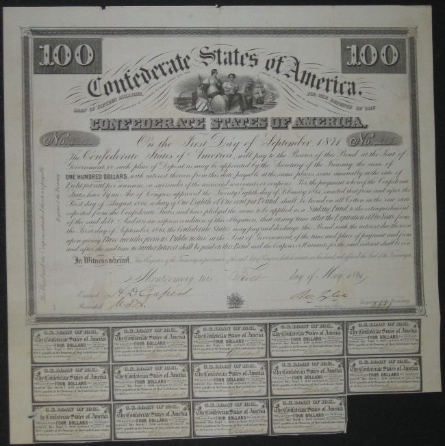 100 Confederate Bond, 1861, Agriculture w/14 coupons  