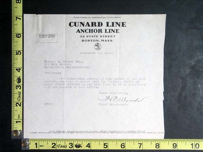  pieces of correspondence in this lot. One Cunard Line Anchor Line 