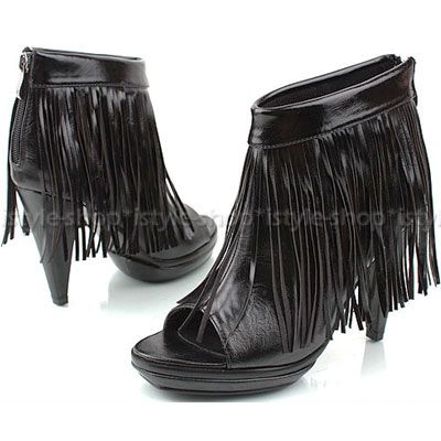 Celebrity Open Toe Fringe Platform Bootie Ankle Boots  