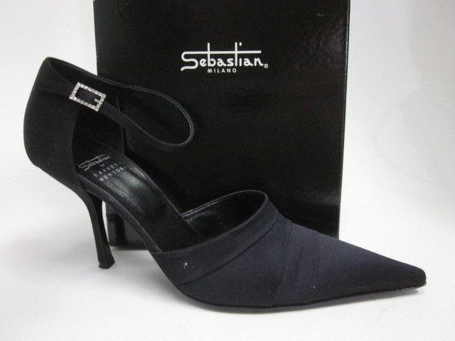 SEBASTIAN Black Satin Ankle Strap Pumps In BOX 38 8  