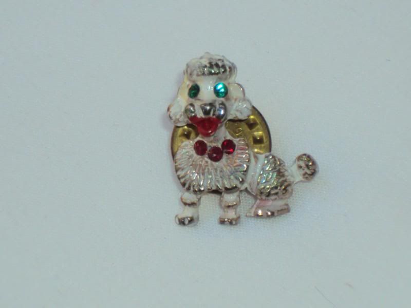 Vintage White Poodle Dog Lapel Pin Red Green Rhinestone  