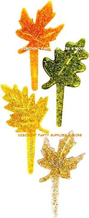 Autumn Fall Leaves Glitter Cupcake Picks Pics Cake Topper Decorations 