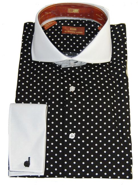 STEVEN LAND BLACK WHITE POLKA DOT CUTAWAY COLLAR DRESS SHIRT FRENCH 