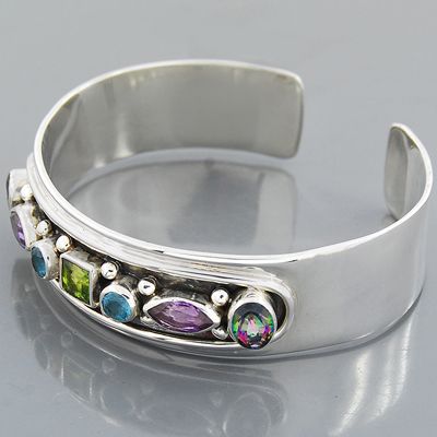 Peridot Amethyst Topaz Multi Gemstone 925 Silver Bangle Cuff Jewelry 7 