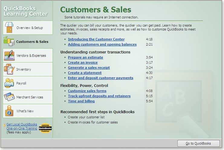 Learn how to do common tasks in the QuickBooks Learning Center. Click 
